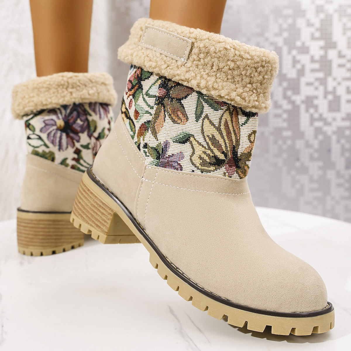 Floral Embroidered Suede Winter Boots
