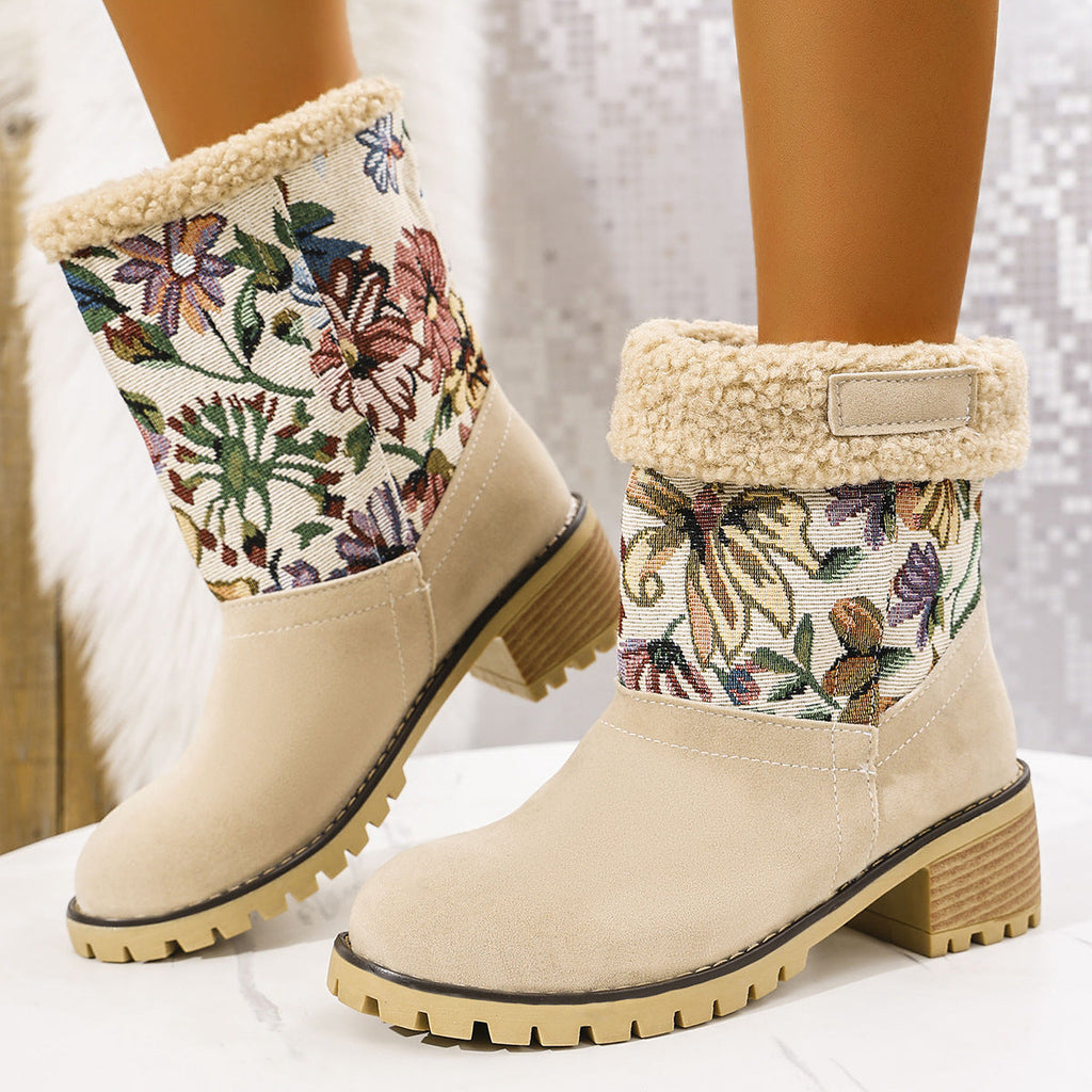 Floral Embroidered Suede Winter Boots