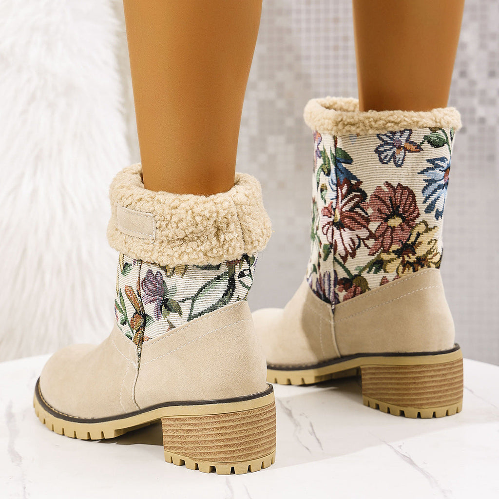 Floral Embroidered Suede Winter Boots