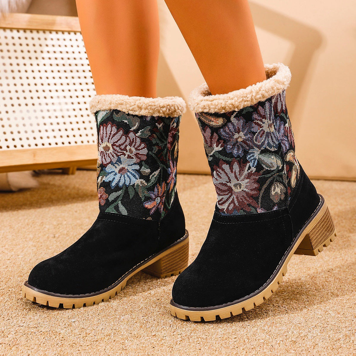 Floral Embroidered Suede Winter Boots