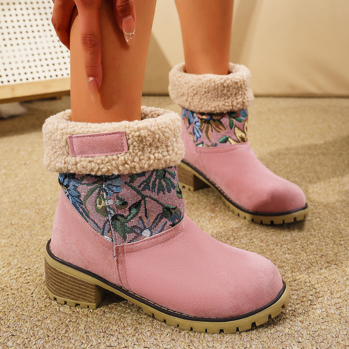 Floral Embroidered Suede Winter Boots