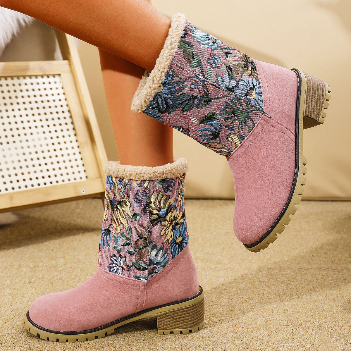 Floral Embroidered Suede Winter Boots