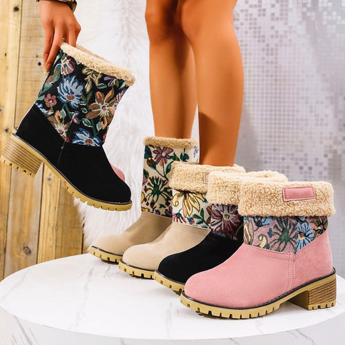 Floral Embroidered Suede Winter Boots